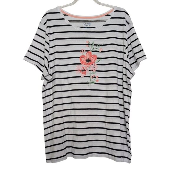 Croft & Barrow Stripe Floral Classic Tee Womens Size XXL White Short Sleeve - Picture 1 of 7